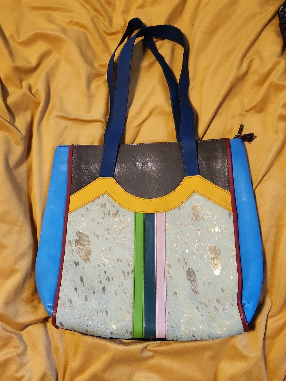Vintage Multicolor Patchwork Tote Hair On Hide Cow Print Colorful